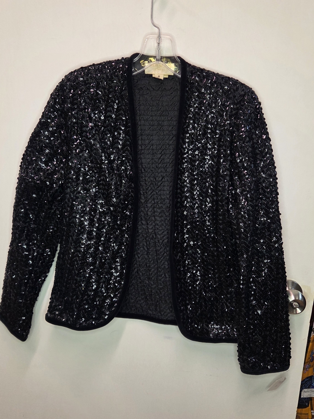 Vintage 1980s Black Sequin Cropped Jacket with Velvet Trim